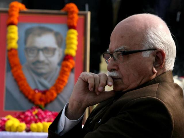 File photo: Senior BJP leader L K Advani at a garlanding function of Pandit Deen Dayal Upadhyay in New Delhi. "All my life I have found working for the Jana Sangh and the Bharatiya Janata Party a matter of great pride and endless satisfaction for myself," said Advani in his resignation letter. HT photo by Sonu Mehta