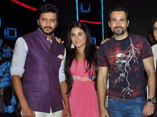 Bollywood actors Vidya Balan Kapur, Riteish Deshmukh and Emraan Hashmi posing during the promotion of the upcoming film Ghanchakkar on the sets of India's Dancing Superstar. (PTI Photo)