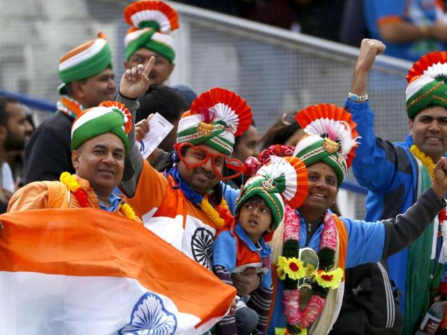 Indian fans pose before the Champions Trophy against Pakistan at Edgbaston cricket ground in Birmingham, central England. Reuters