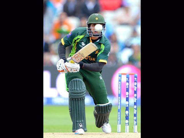 Pakistan's Nasir Jamshed plays a shot during the 2013 ICC Champions Trophy match against India at Edgbaston in Birmingham. AFP