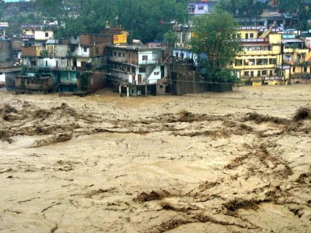 A-view-of-flooded-Mandakini-river-in-Chamoli-district-on-Tuesday-followed-by-heavy-rains-in-Uttarakhand-PTI