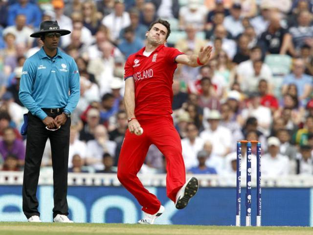 England's James Anderson delivers a ball during the ICC Champions Trophy Semi-final match against South Africa at the Oval in London. AFP