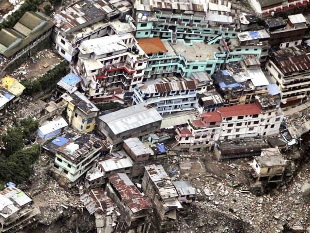 A view of damaged houses is seen following monsoon rains in Srinagar, India. (AP)