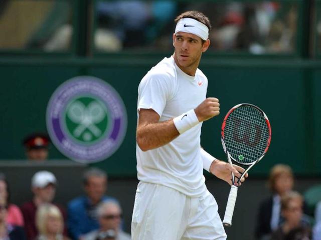 Argentina's Juan Martin Del Potro celebrates taking the first set against Canada's Jesse Levina during their second round men's singles match on day four of the 2013 Wimbledon Championships tennis tournament at the All England Club in Wimbledon, southwest London. AFP Photo