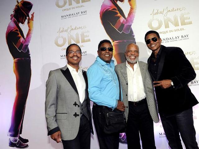Marlon Jackson, left, Jackie Jackson, Berry Gordy and Tito Jackson arrive at the world premiere of Michael Jackson ONE at Mandalay Bay Resort and Casino in Las Vegas. AP