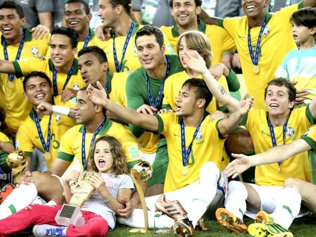 Brazil team player celebrates after winning the Confederations Cup final match 3-0 against Spain at the Maracana stadium in Rio de Janeiro, Brazil. AP
