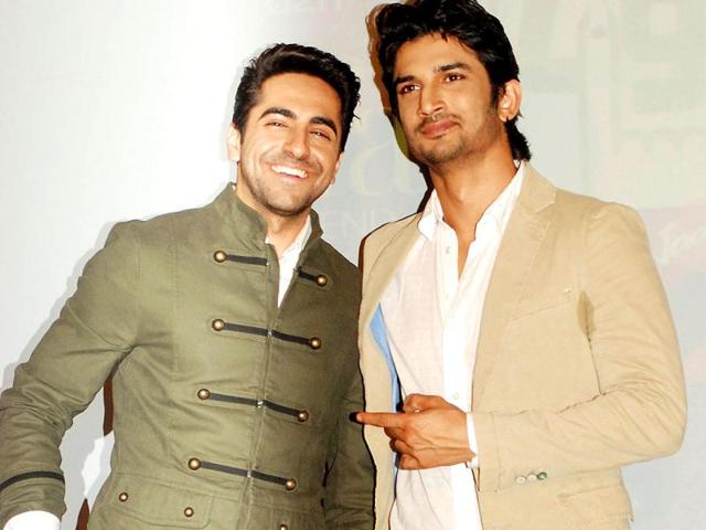 Ayushman Khurana (L) and Sushant Singh Rajput pose as they attend a press conference ahead of The International Indian Film Academy (IIFA) awards in Mumbai on July 1, 2013. (AFP Photo)