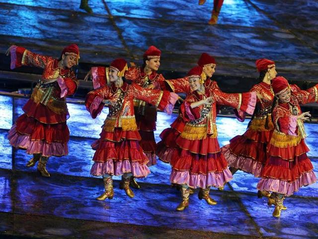 Artists perform at the opening ceremony of the 27th Universiade students Games in Kazan, 720 kilometers (450 miles) east of Moscow. AFP