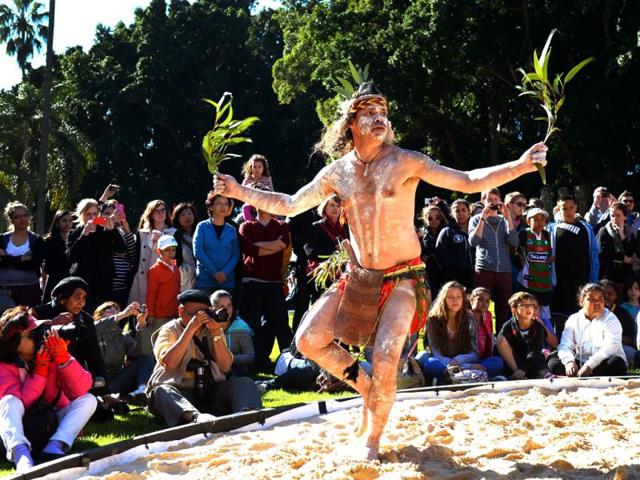 A traditional Aboriginal dancer from the Darug Region, performs in an outdoor event celebrating Aboriginal and Torres Strait Islander culture and heritage in Sydney's Hyde Park. (AFP)