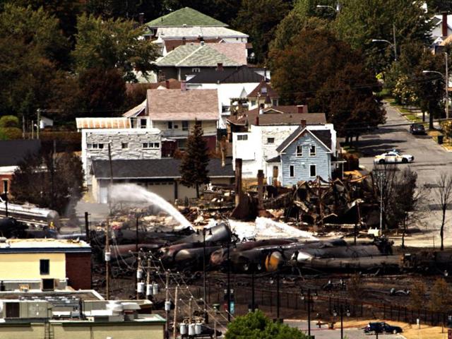 Wreckage of a derailed train that ignited tanker cars carrying crude oil strewn through the downtown core in Canada. (AP Photo)