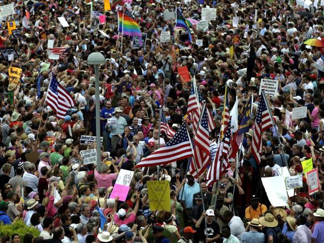 Protestors rally during "Moral Monday" demonstrations at the General Assembly in North Carolina. (AP Photo)