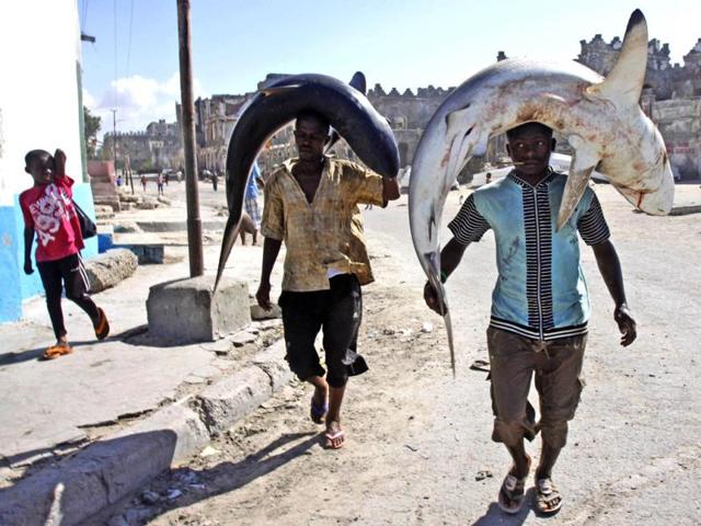Somali fishermen carry their catch on their heads as they walk to the market in Mogadishu, Somalia. (AP Photo)