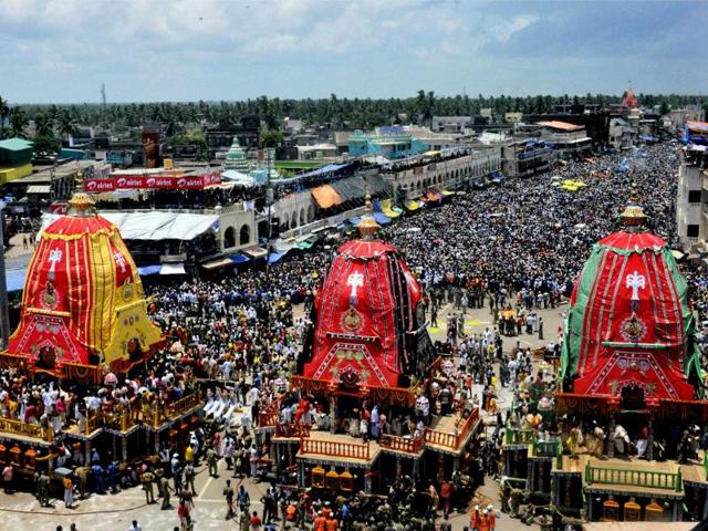 Three chariots of Lord Jagannath, Balabhadra and Subhadra during the annual "Rath Yatra" in Puri on Wednesday.PTI Photo
