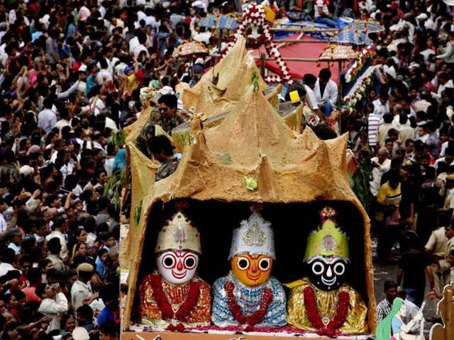 During the festival the idols of Hindu god Jagannath, his brother Balabhadra and sister Subhadra are taken out in a grand procession in specially made chariots pulled by thousands of devotees. (AP Photo/Ajit Solanki)