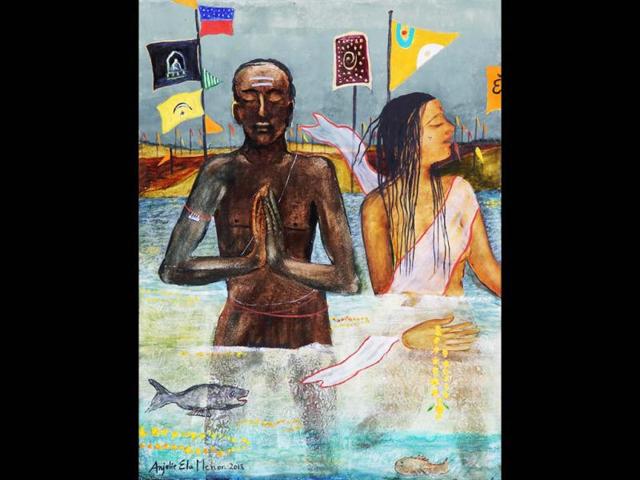 One of the most powerful works by Anjolie Ela Menon. The painting is called The Visarjan and is inspired by Kumbh mela (2013). One of the most powerful works by Anjolie Ela Menon. The painting is called The Visarjan and is inspired by Kumbh mela (2013).