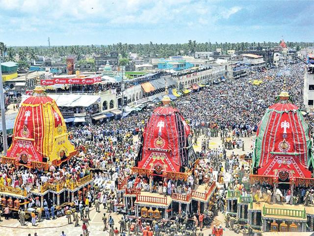 Three chariots of Lord Jagannath, Balabhadra and Subhadra during the annual rath yatra in Puri. (PTI Photo)