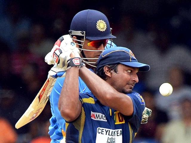 Kumar Sangakkara plays a shot during the Tri-Nation series final between India and Sri Lanka at the Queen's Park Oval stadium in Port of Spain. AFP Photo