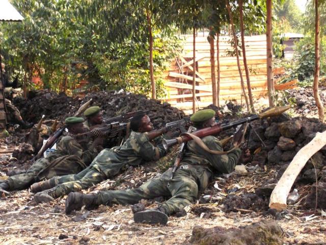 Congolese government troops man a position near Goma in eastern Congo. (AP Photo)