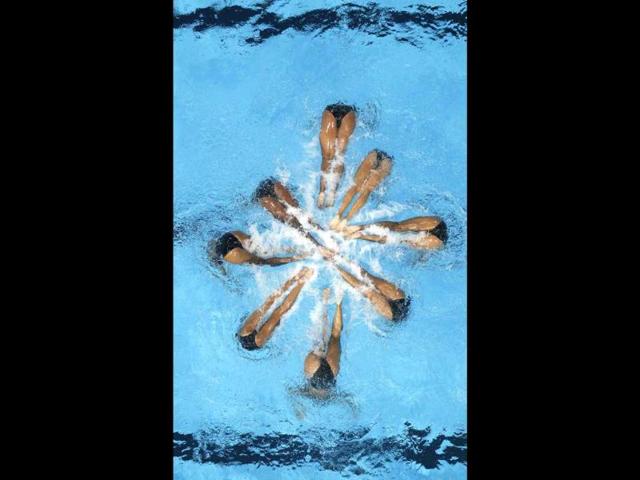 Egypt's team practice their synchronised swimming team performance ahead of the upcoming World Swimming Championships at the Sant Jordi arena in Barcelona. The World Swimming Championships will take place July 20 to August 4. Reuters
