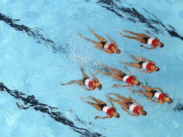 Egypt's team practice their synchronised swimming team performance ahead of the upcoming World Swimming Championships at the Sant Jordi arena in Barcelona. The World Swimming Championships will take place July 20 to August 4. Reuters