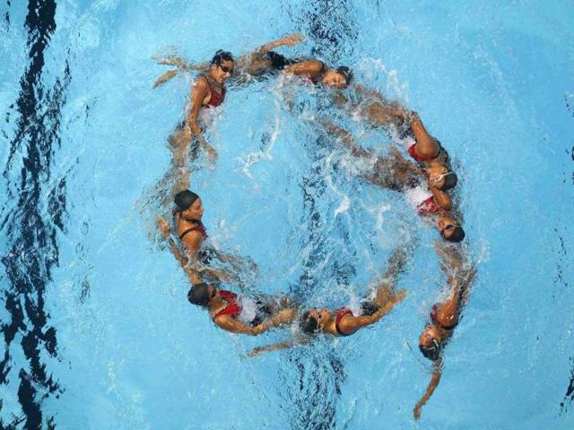 Egypt's team practice their synchronised swimming team performance ahead of the upcoming World Swimming Championships at the Sant Jordi arena in Barcelona. Reuters