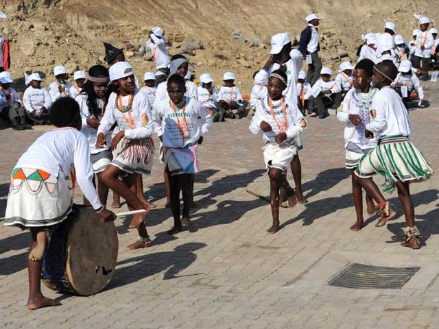 A traditional dance group performs in Mvezo, the birth place of former South African president Nelson Mandela to celebrate Nelson Mandela's birthday. AFP photo