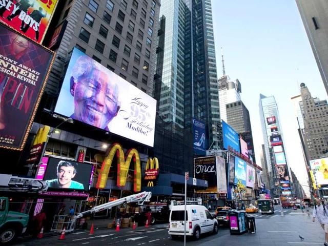An electronic billboard announces Nelson Mandela's 95th birthday in New York's Times Square. AP Photo