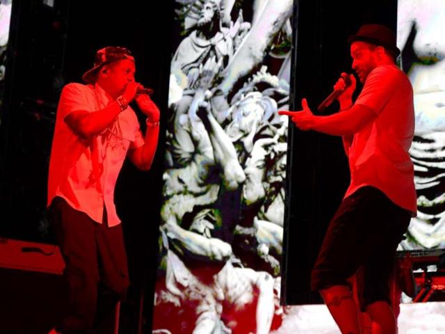 Jay-Z and Justin Timberlake perform during the Legends of the Summer tour at the Yankee Stadium in New York. (AFP Photo)