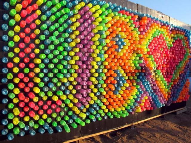 Art made of recycled water bottles is seen at 'Lightning In A Bottle' music festival at Skinner Lake in Temecula, California. (AP Photo)
