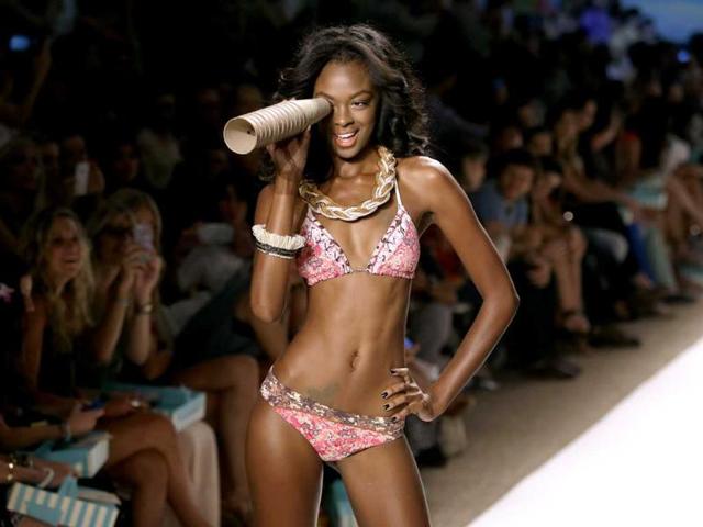 A model walks the runway during the Maaji show at Mercedes-Benz Fashion Week Swim in Miami Beach, Florida. AP Photo