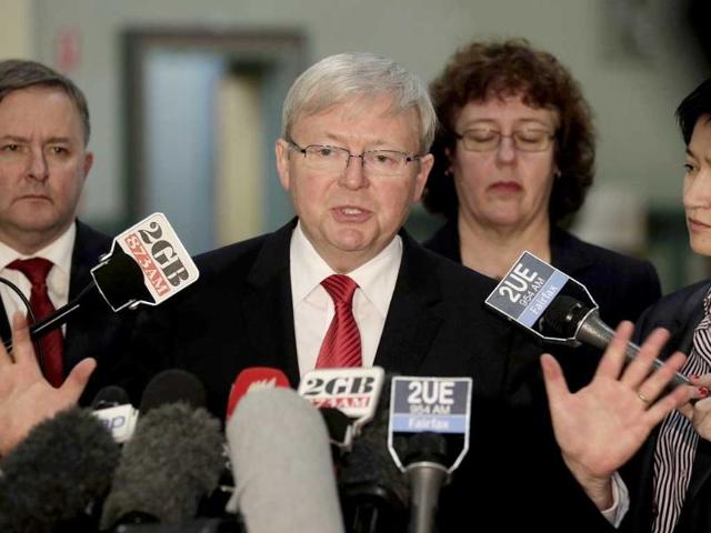 Australia's prime minister Kevin Rudd speaks to the media at a press conference in Sydney, Australia. Lawmakers in Rudd’s Labor Party agreed at a meeting today with his proposal to tighten rules dictating how a prime minister can be ousted by a government. AP Photo