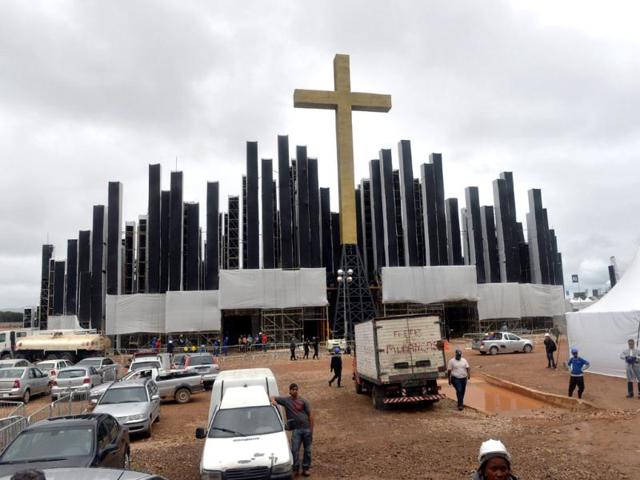 Construction continues on the Guanabara grounds where Pope Francis will celebrate the closing Mass for World Youth Day, in Rio de Janeiro, Brazil, Tuesday 23 2013. Francis arrived in Rio de Janeiro on Monday to begin a weeklong visit to participate in the WYD festival. (AP Photo)