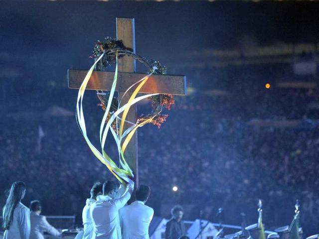 A crown of thorns hangs from the World Youth Day Cross during the Stations of the Cross service, on the Copacabana beachfront in Rio de Janeiro, Brazil. (AP Photo)