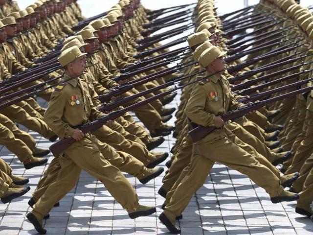 North Korean soldiers march during the mass military parade celebrating the 60th anniversary of the Korean War armistice in Pyongyang.(AP Photo)