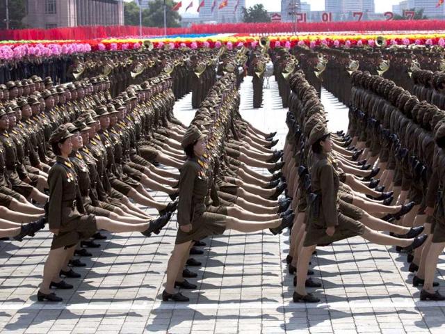 Women North Korean soldiers march during a mass military parade in Pyongyang to mark the 60th anniversary of the Korean War armistice. (AP Photo)