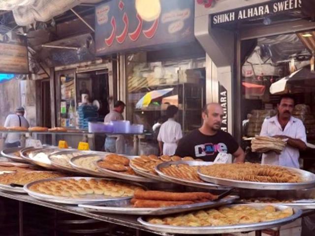 Traditional sweets are displayed outside a pastry shop in central Damascus, Syria during the holy month of Ramzan. AFP photo