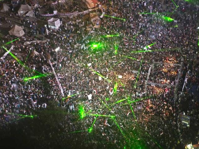 An aerial picture taken from a military helicopter shows Tahrir Square during a rally of opponents to deposed Egyptian president Mohamed Morsi, in Cairo early on July 27, 2013. At Tahrir Square. AFP PHOTO