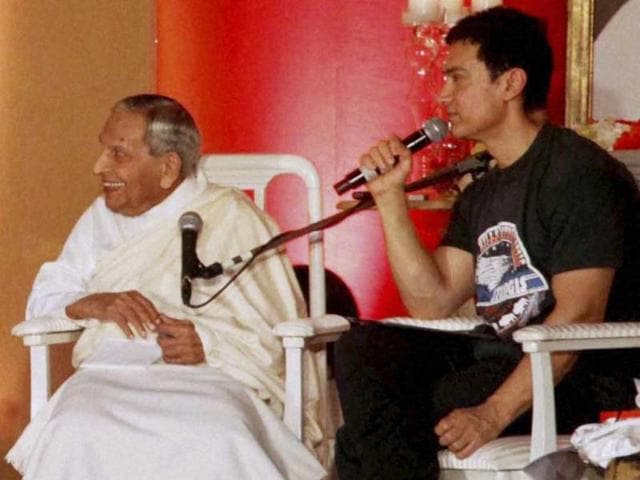 Aamir Khan hosts an interactive session with Dalai Lama, spiritual leader Dada JP Vaswani. (PTI Photo)