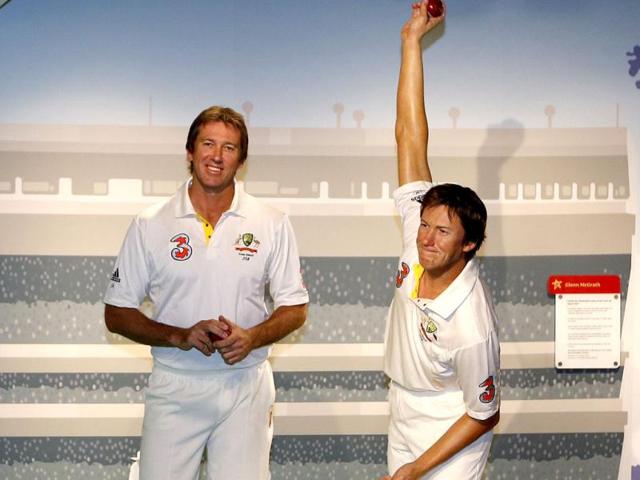 Former Australian cricket player fast bowler Glenn McGrath (L) poses for a picture next to his wax figure during a publicity event at Madame Tussauds wax museum in Sydney. (Reuters Photo)
