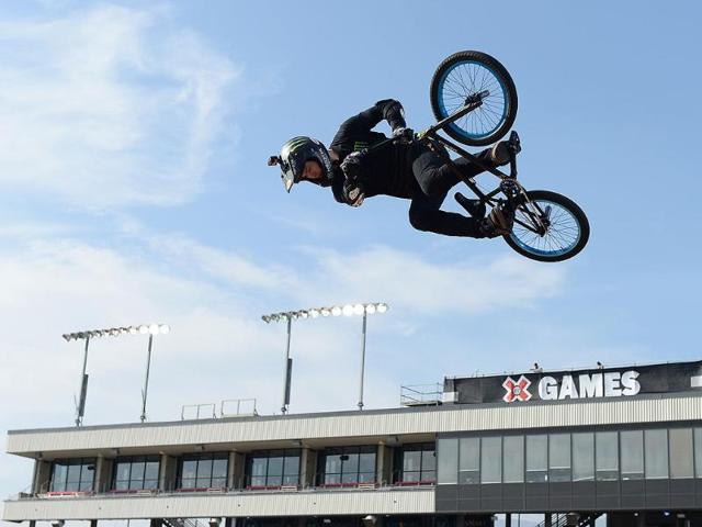Vince Byron of Australia practices for the GoPro BMX Big Air Final during X Games Los Angeles at the Irwindale Event Center in Irwindale, California. (AFP/Getty Images)