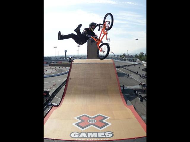Steve McCann of Australia practices for the GoPro BMX Big Air Final during X Games Los Angeles at the Irwindale Event Center in Irwindale, California. (AFP/Getty Images)