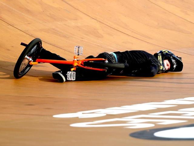 Steve McCann of Australia lays on the ramp after his fall in the GoPro BMX Big Air Final during X Games Los Angeles in Irwindale, California. (AFP/Getty Images)