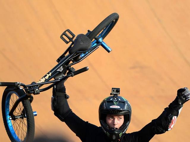 Vince Byron of Australia reacts to his performance in the GoPro BMX Big Air Final during X Games Los Angeles in Irwindale, California. (AFP/Getty Images)
