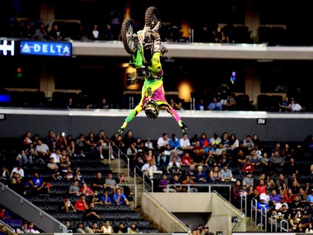Andre Villa demonstrates his technique during his Bronze medal victory over Matt Buyten in the Moto X Speed and Style at the X Games in Los Angeles, California. (AFP Photo)