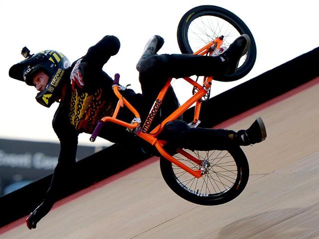 Steve McCann of Australia falls in the GoPro BMX Big Air Final during X Games Los Angeles at the Irwindale Event Center in Irwindale, California. (AFP/Getty Images)