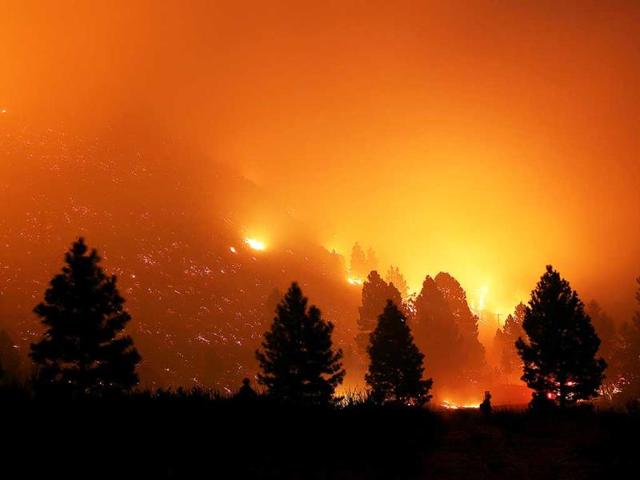 Firefighters start a back burn along the Pine-Featherville Road while battling the more than 90,000-acre Elk Fire Complex near Pine, Idaho. (AP Photo)