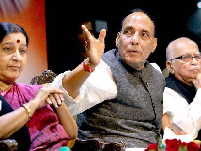 Rajnath Singh with LK Advani and Sushma Swaraj at the Party's National Election Campaign Committee meeting (PTI).