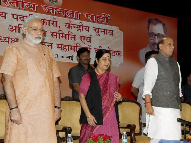 Rajnath Singh with Sushma Swaraj and Narendra Modi at the Party's National Election Campaign Committee meeting (HT Photo/Arvind Yadav).