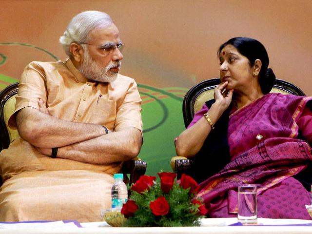 Sushma Swaraj with Narendra Modi at the Party's National Election Campaign Committee meeting (PTI).