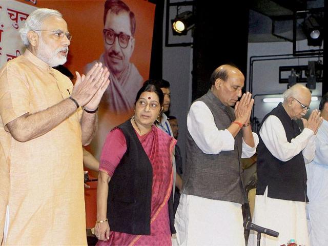 Rajnath Singh with LK Advani, Sushma Swaraj and Narendra Modi at the Party's National Election Campaign Committee meeting (PTI).